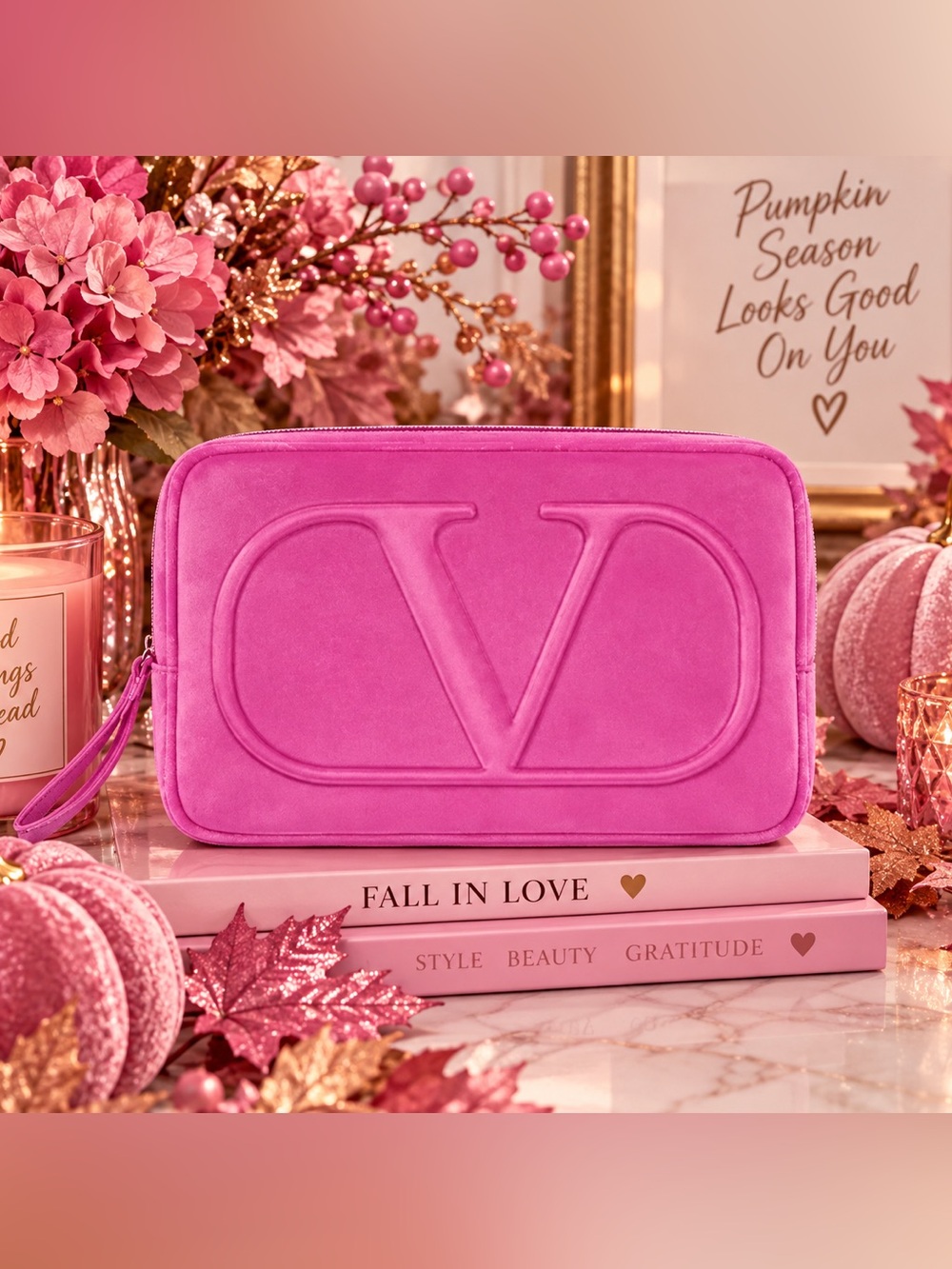 Valentino Beauty Pink Velvet Cosmetic Pouch/Wristlet 💕 NEW